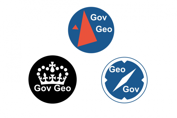 Three logos which represents geography in government stickers. Each sticker says GOV Geo