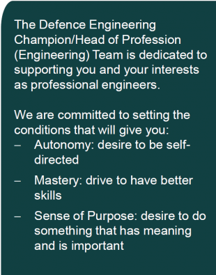 The Defence Engineering Champion/Head of Profession (Engineering) Team is dedicated to supporting you and your interests as professional engineers. We are committed to setting the conditions that will give you:  Autonomy: desire to be self directed  Mastery: drive to have better skills  Sense of Purpose: desire to do something that has meaning and is important