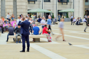 People walking in a city square