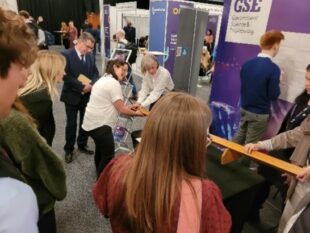 Professor Dame Angela McLean at the GSE stand demonstrating the Reed-Frost model in Edinburgh.